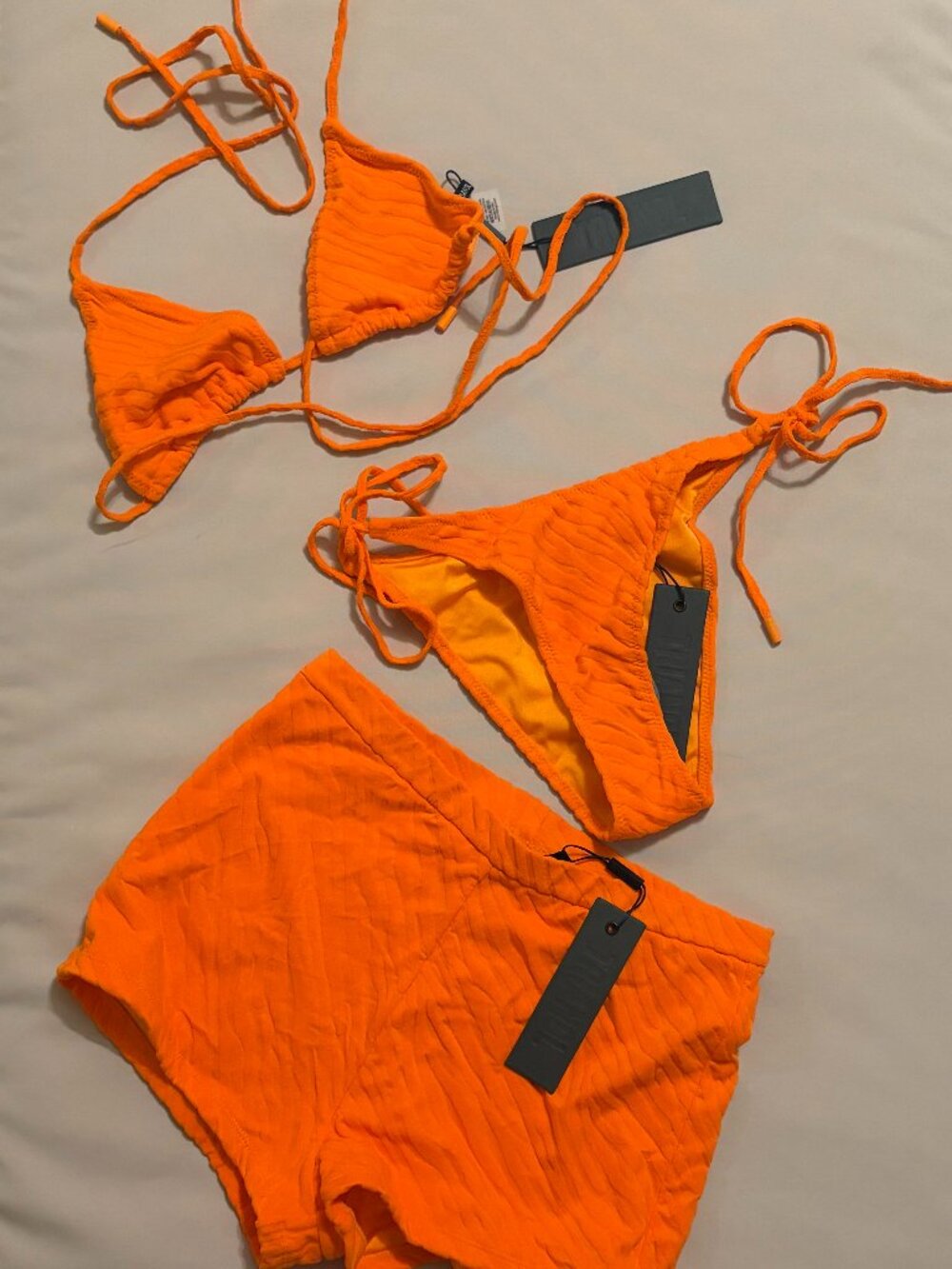 NWT TRIANGL Neon Orange Textured 3Piece Bikini Set | M Top / S Bottom / S Shorts